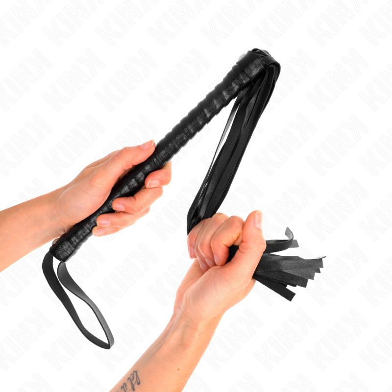 Chicote BDSM KINK IMPACT & TOUCH com cabo texturizado, 48,5 cm, disponível em preto ou vermelho.