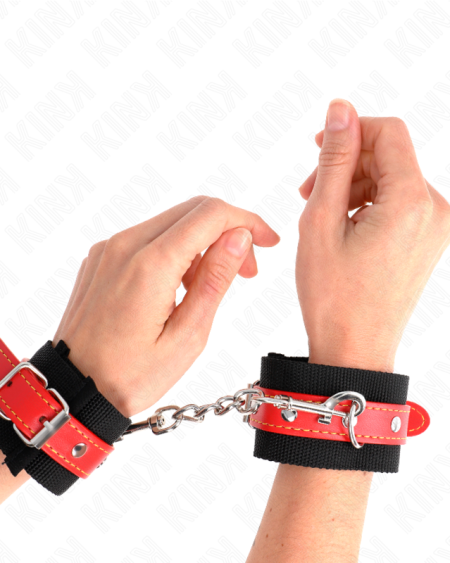 KINK - MUÑEQUERAS DE NYLON NEGRO CON CORREA POLIPIEL ROJO AJUSTABLE 19-24 CM X 5.5 CM