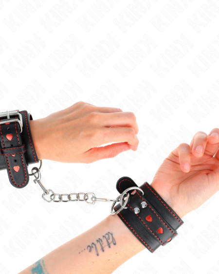 Algemas de bondage KINK ajustáveis, com detalhe de coração e opções de cor preto/vermelho ou vermelho/preto