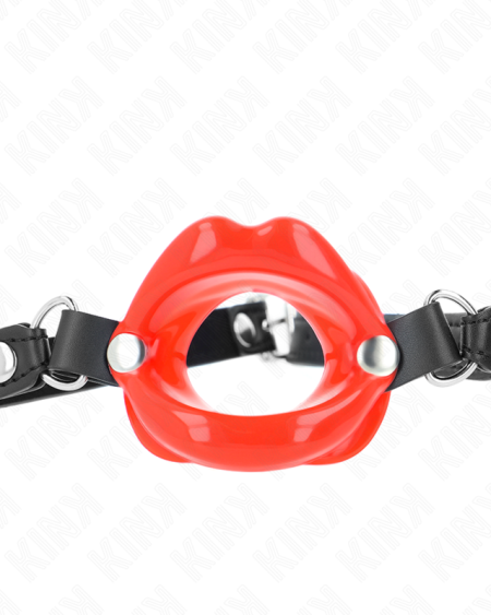 Mordaça labial KINK de 8 cm com tira ajustável em pele sintética, disponível em vermelho e preto.