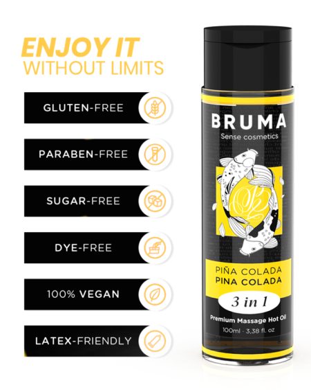 BRUMA - ACEITE DE MASAJE PREMIUM EFECTO CALOR SABOR PIÑA COLADA 3 EN 1 - 100 ML