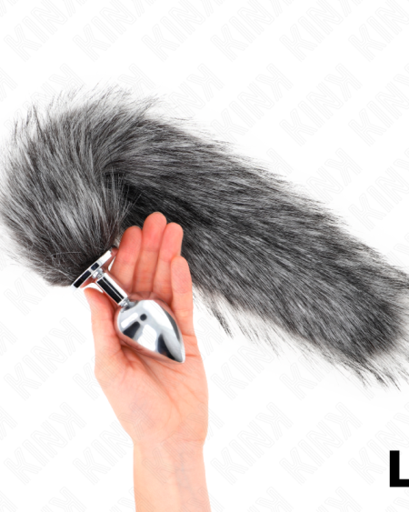 KINK - PLUG ANAL TALLA L 10 X 4 CM CON COLA SINTÉTICA 40 CM PLATEADO
