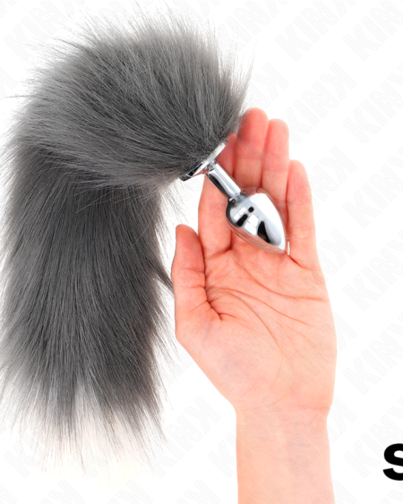 KINK - PLUG ANAL TALLA S 7 X 3 CM CON COLA SINTÉTICA 40 CM PLATEADO Y BLANCO