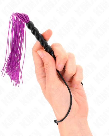 Mini chicote BDSM KINK de silicone com pega e seis bolas, disponível em roxo ou preto