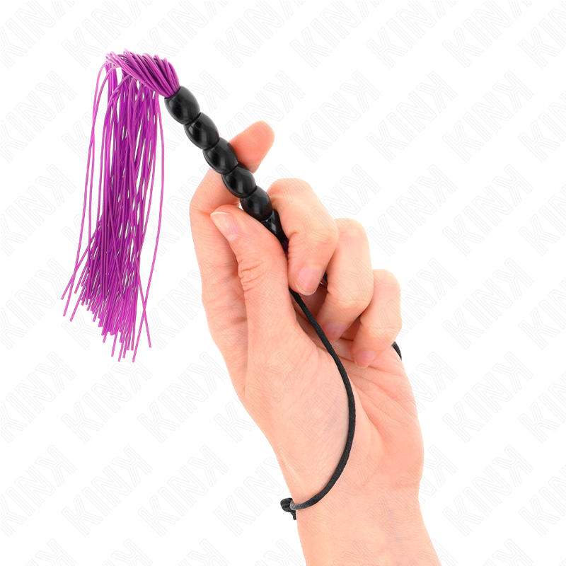 Mini chicote BDSM KINK de silicone com pega e seis bolas, disponível em roxo ou preto