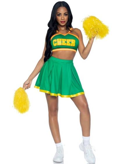 Fantasia verde de animadora LEG AVENUE com top curto, saia plissada e pompons