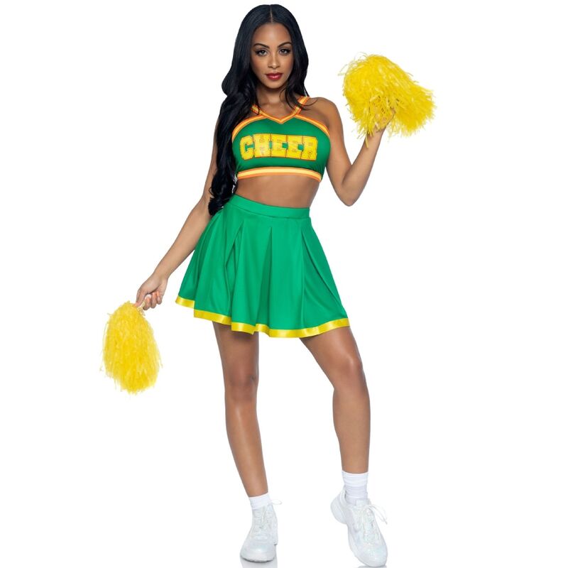 Fantasia verde de animadora LEG AVENUE com top curto, saia plissada e pompons