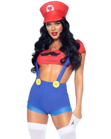 Fantasia sexy Mario Bros da LEG AVENUE, vermelha e azul, com top curto, calções com alças e boné vermelho