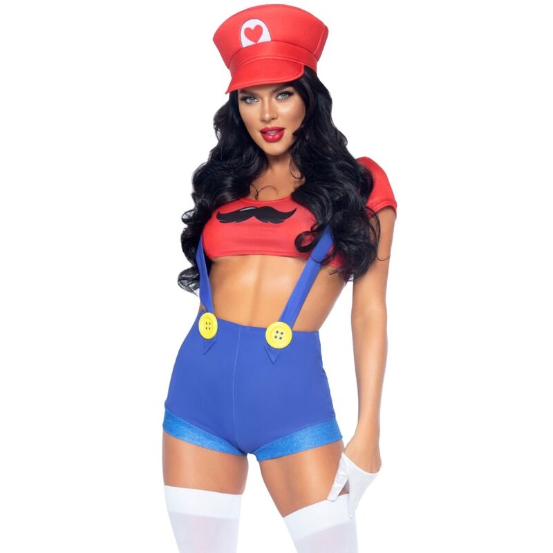 Fantasia sexy Mario Bros da LEG AVENUE, vermelha e azul, com top curto, calções com alças e boné vermelho