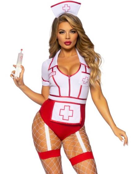 Disfarce de enfermeira LEG AVENUE vermelho e branco com body, avental e bandolete com toucado