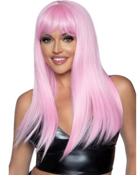 Peruca longa lisa rosa com franja e tira elástica ajustável com gancho da LEG AVENUE
