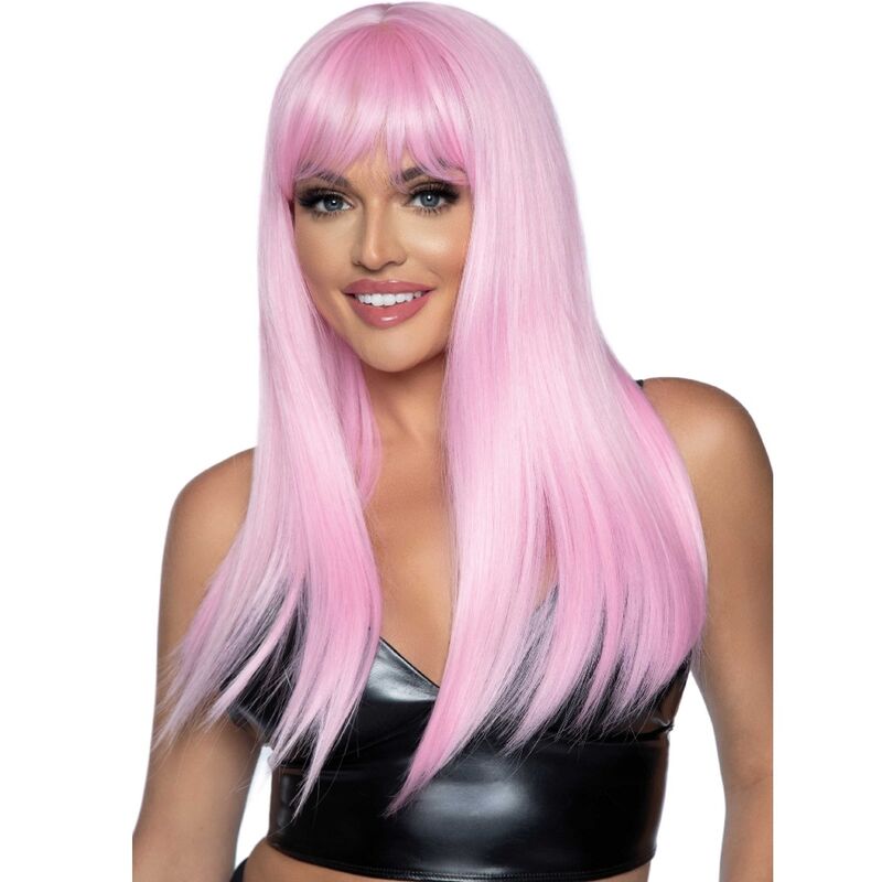 Peruca longa lisa rosa com franja e tira elástica ajustável com gancho da LEG AVENUE