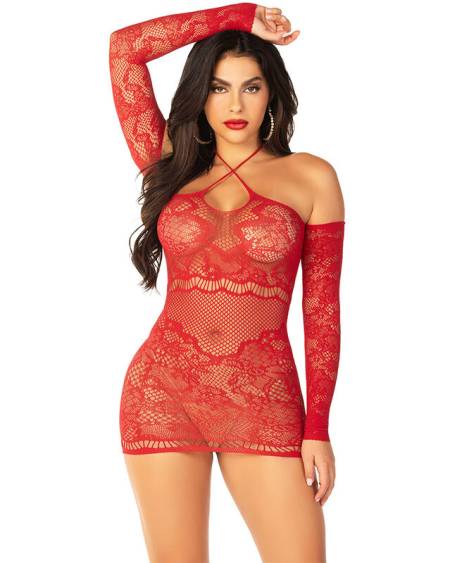 Minivestido vermelho de rede transparente, com ombros descobertos e mangas compridas, da LEG AVENUE