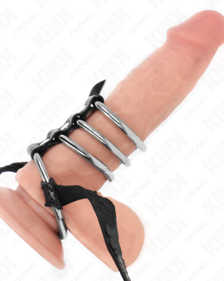 Conjunto KINK com quatro anéis para pénis em metal ligados entre si e cinto de pele sintética
