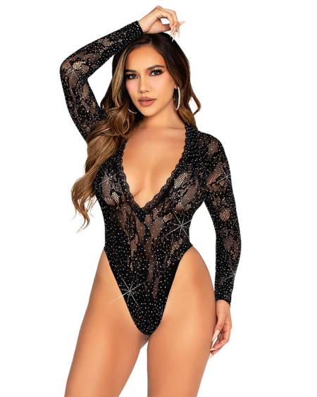 Body de renda preto LEG AVENUE com mangas compridas e detalhes de imitação de diamantes
