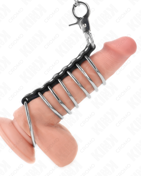 Conjunto KINK RING POWER com 7 anéis metálicos para pénis, ligados por pele sintética e corrente metálica