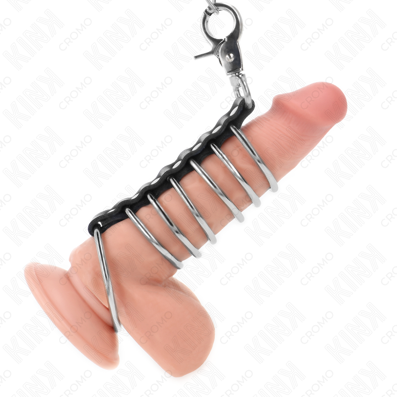 Conjunto KINK RING POWER com 7 anéis metálicos para pénis, ligados por pele sintética e corrente metálica