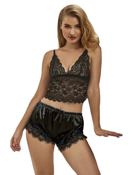 Pijama sexy preto SUBBLIME em cetim e renda, tamanho S/M
