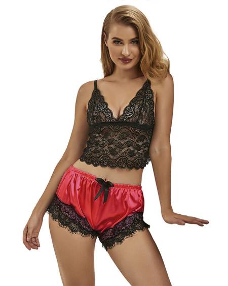 Pijama sexy SUBBLIME 953959 em cetim e renda preto e vermelho, tamanho S/M