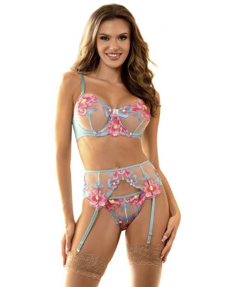 Conjunto SUBBLIME de lingerie azul com soutien, cueca e cinta-liga de desenho floral