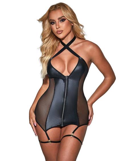 Vestido sexy preto de rede e couro SUBBLIME, tamanho L/XL.