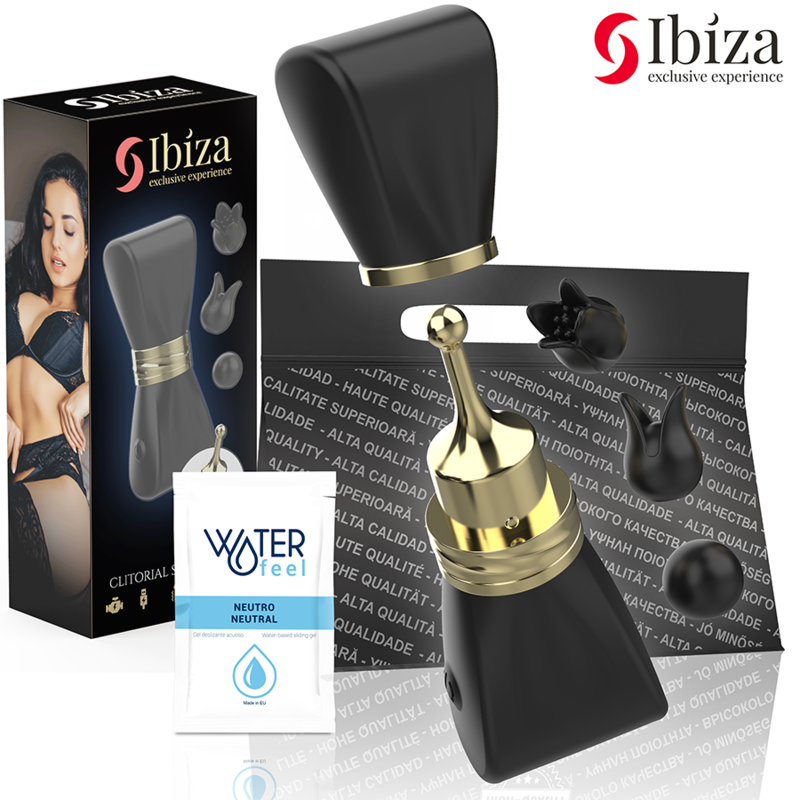 Estimulador do clitóris IBIZA TECHNOLOGY preto, em forma de laço, com três cabeças.