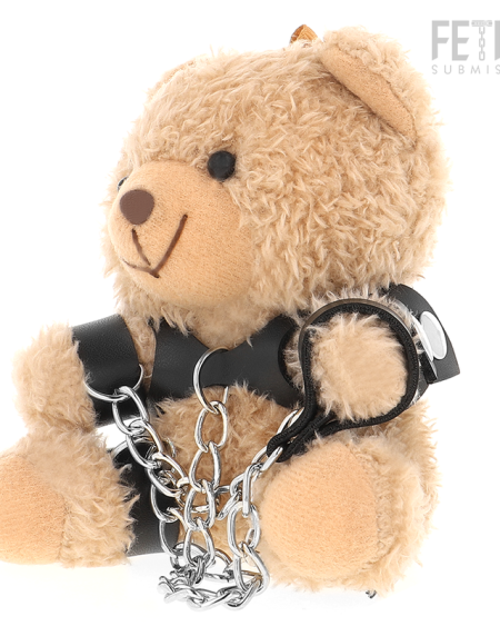 Urso de peluche BDSM Yogi, modelo 1, com algemas ligadas por corrente