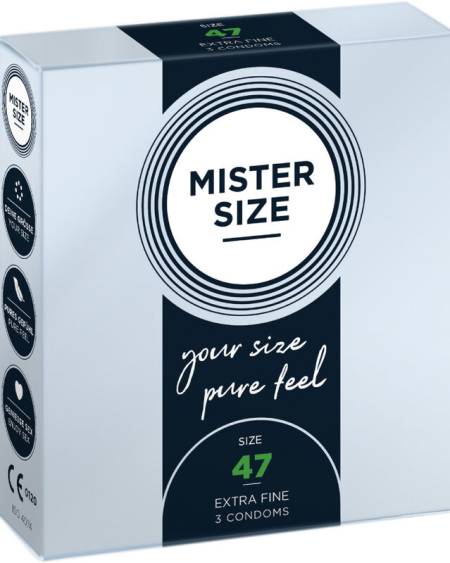 Embalagem de preservativos MISTER SIZE tamanho 47, ultrafinos e transparentes