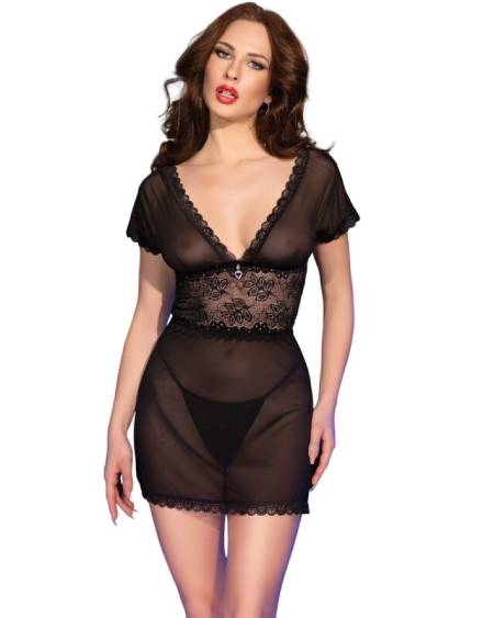 Babydoll preto CHILIROSE CR 4830 em tule transparente, com detalhes de renda e coração prateado