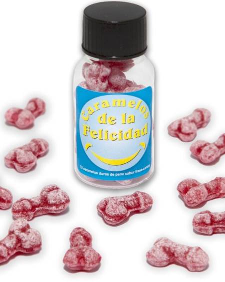 Frasco DIABLO PICANTE com 12 rebuçados em forma de pénis, sabor a morango e cereja