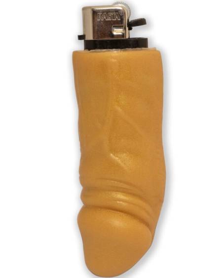 Isqueiro recarregável dourado com formato de pénis e acabamento brilhante