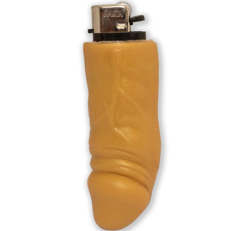 Isqueiro recarregável dourado com formato de pénis e acabamento brilhante