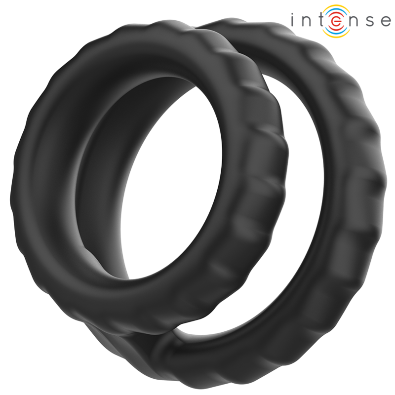Anel peniano duplo DEWEY da INTENSE, em silicone preto, modelo 2