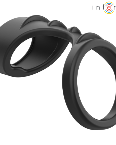 Anel peniano duplo THEO modelo 3 da INTENSE, em silicone preto, com dois aros