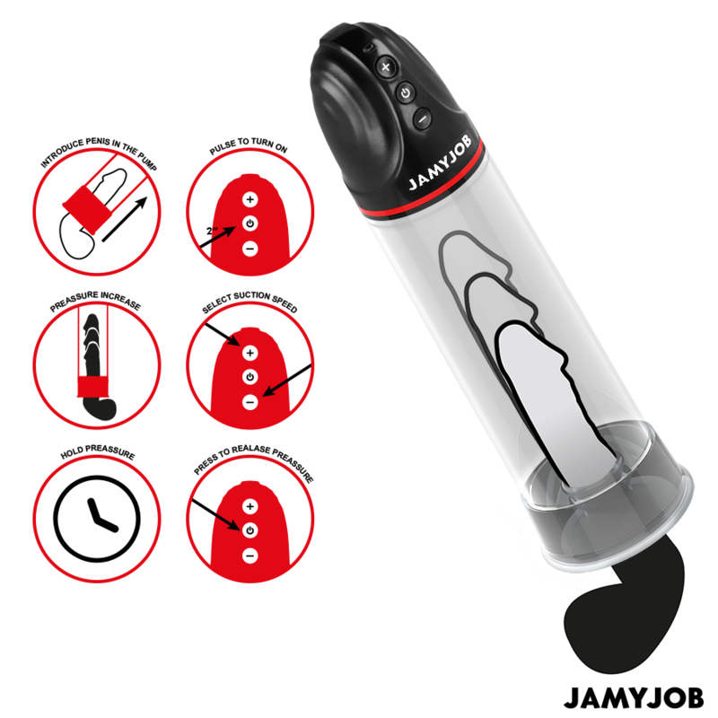 Bomba peniana automática XPAND da JAMYJOB, cinzenta com detalhes pretos e vermelhos