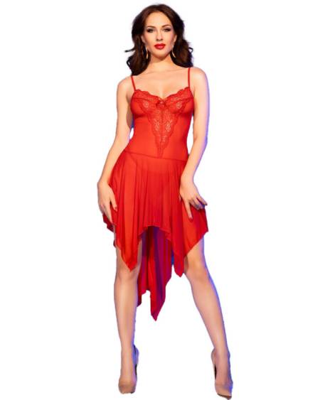 Babydoll vermelho CHILIROSE CR 4847 em tule transparente com renda na frente