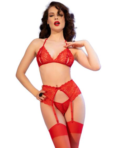 Conjunto de lingerie CHILIROSE CR 4848 vermelho, com soutien, tanga, cinta-liga e meias