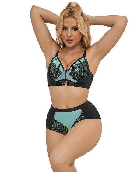 Conjunto de lingerie verde SUBBLIME com soutien push-up, renda floral e malha translúcida