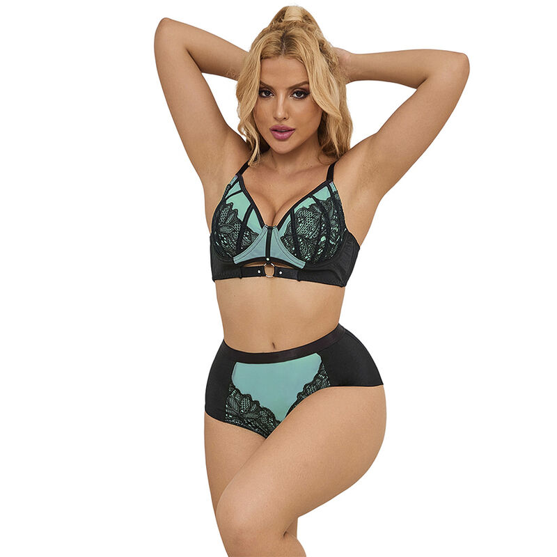 Conjunto de lingerie verde SUBBLIME 955564 com soutien push-up, fecho de correr, renda floral e malha translúcida