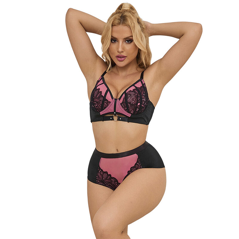 Conjunto de lingerie rosa SUBBLIME 955588 com soutien push-up, renda floral e malha