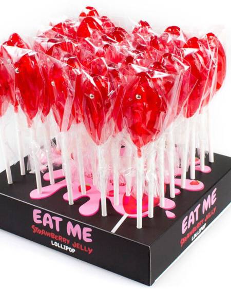 Expositor SECRETPLAY com 40 chupa-chupas de morango em forma de vagina