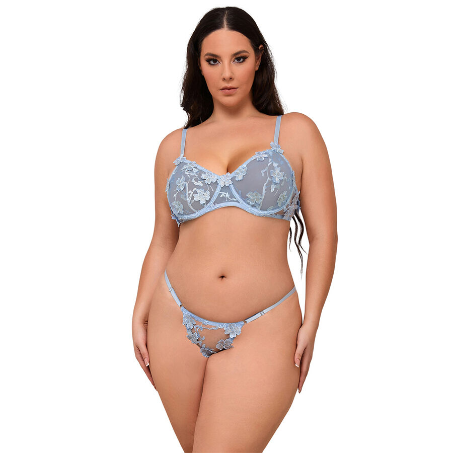 SUBBLIME - 957629 CONJUNTO SUJETADOR Y PANTIES CON BORDADOS DE FLORES CELESTE S/M - L/XL