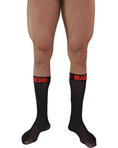 Meias semitransparentes MACHO FETISH, disponíveis em preto ou preto e vermelho