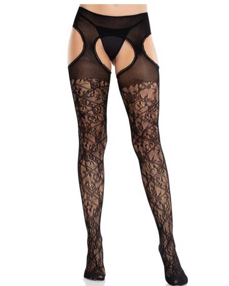 Meias pretas LEG AVENUE com renda floral, trama cruzada e ligas integradas