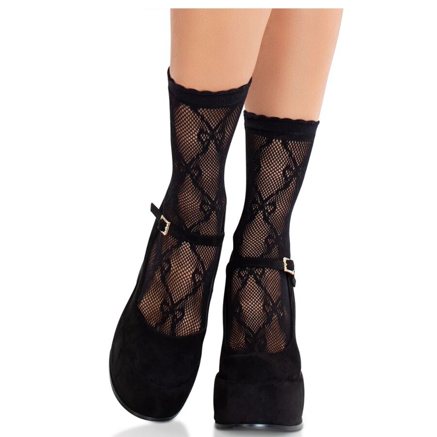 Meias de rede pretas com padrão de losangos e laço da LEG AVENUE HOSIERY