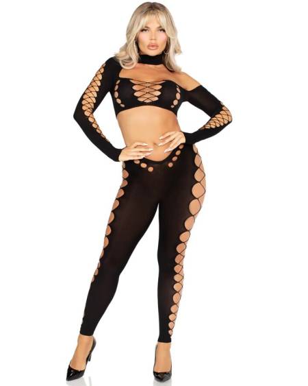 Conjunto preto sem costuras da LEG AVENUE, com top curto e leggings recortadas