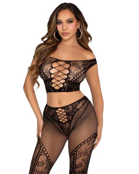 Conjunto preto LEG AVENUE com top curto de ombros descobertos e leggings de cintura subida com renda e rede