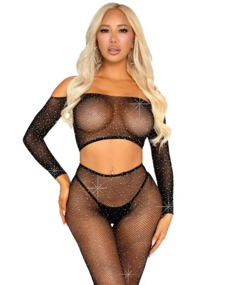 Conjunto preto LEG AVENUE de top curto e leggings de rede com pedraria