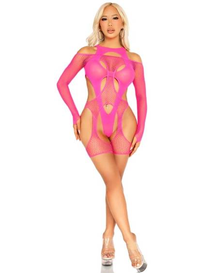 Body de rede LEG AVENUE rosa néon, com ligas e detalhes inspirados em arnês