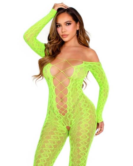 Bodystocking LEG AVENUE verde néon com padrão de serpente, sem entrepernas nem pés